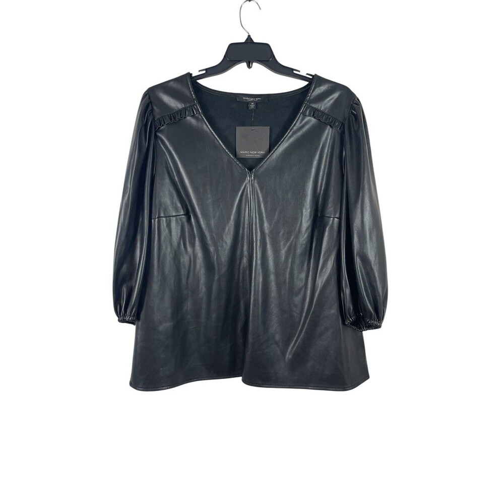 Marc New York 3X Black Faux Leather 3/4 Sleeve Dressy Top Edgy Night Out NWT